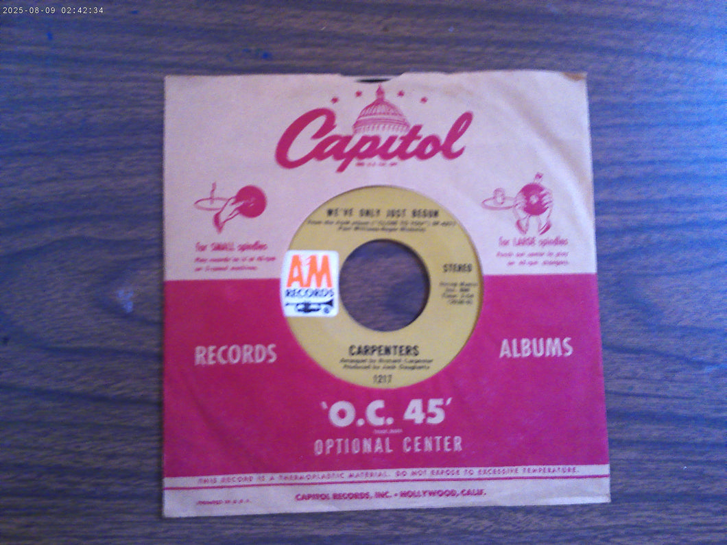 Carpenters We've Only Just Begun/All Of My Life 45 RPM Record