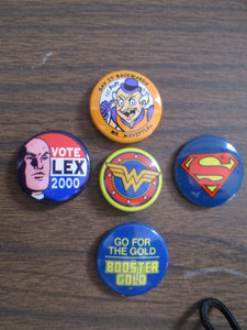 DC Set of 5 Button Pins-Superman, Wonder Woman, Vote Lex 2000 Booster Gold & Mr. Mxyzptlk 2000