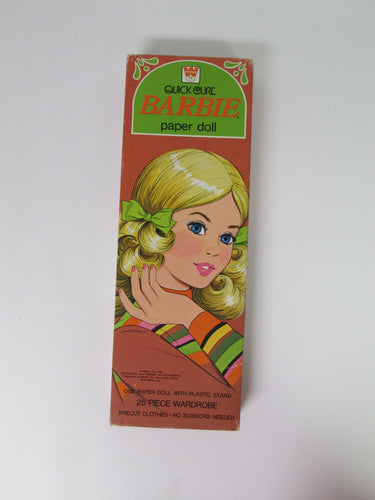 Quick Curl Barbie Paper Doll with Plastic Stand 22 Piece Wardrobe Precut Clothes in Box