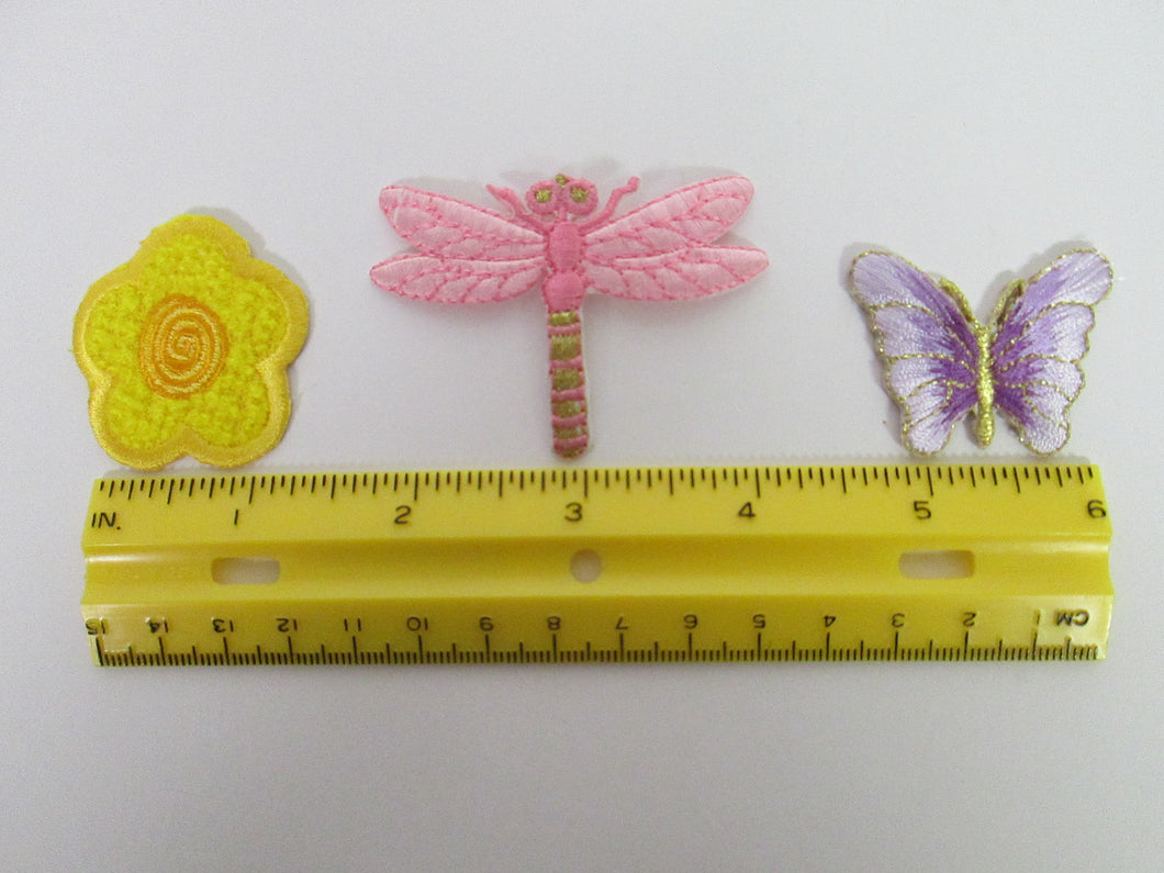 3 Patches Butterfly Dragonfly and Flower