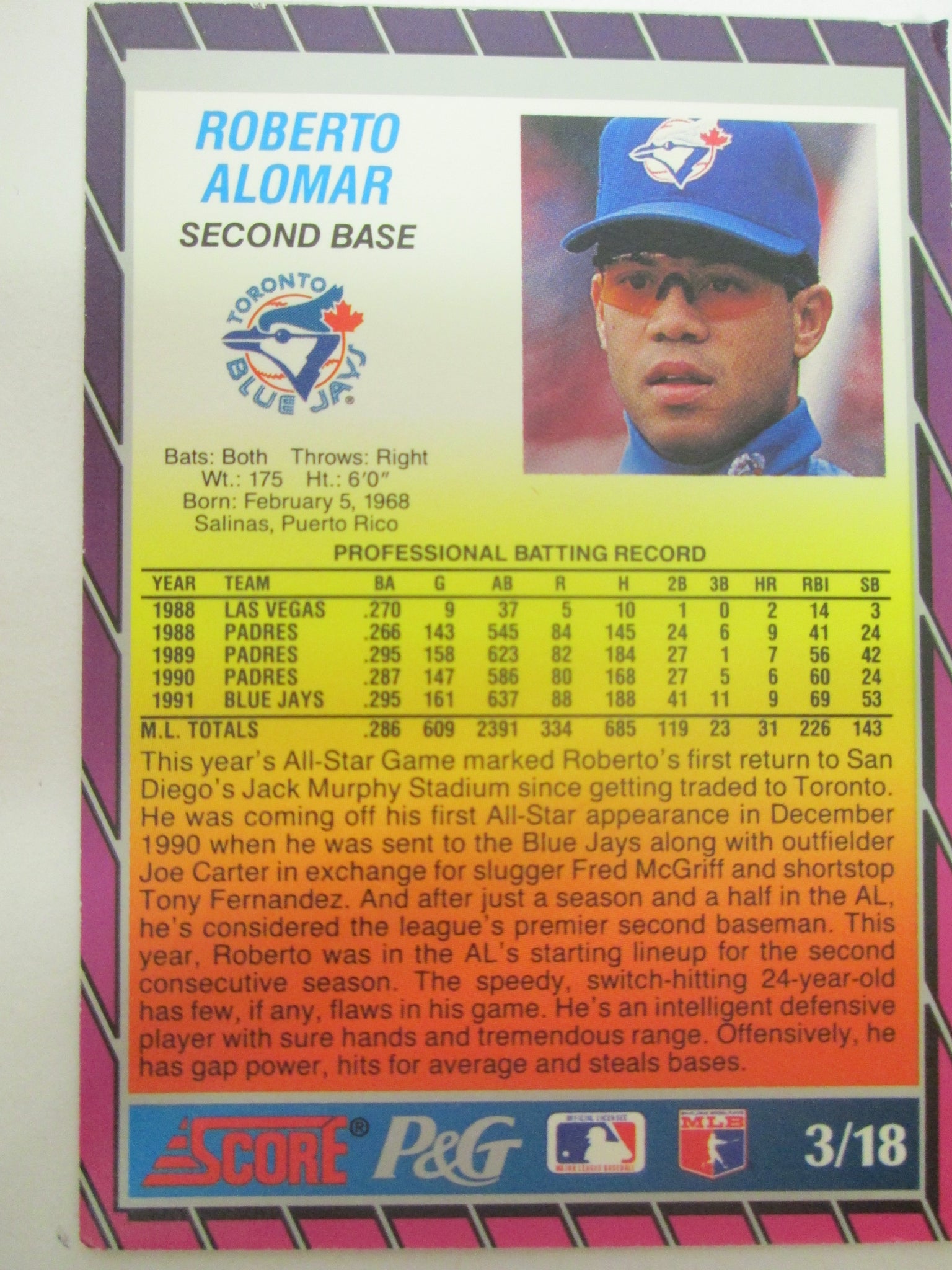 Roberto Alomar - Toronto Blue Jays (MLB Baseball Card) 1992