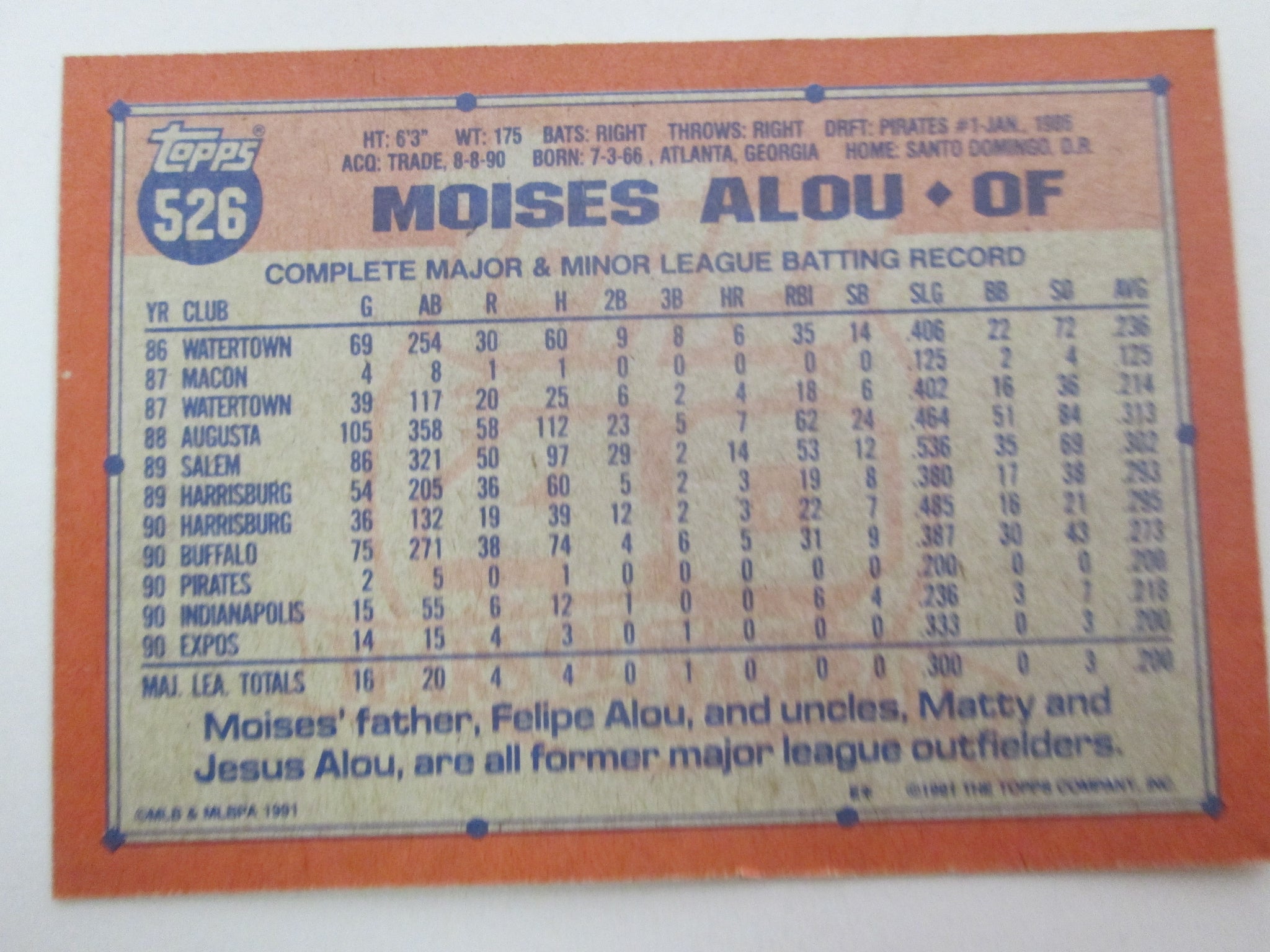 1991 Topps Moises Alou Rookie Card #526 Montreal Expos