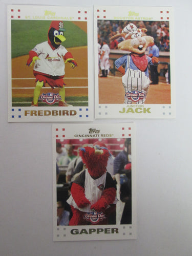 2007 Topps Set of 3 Mascot Baseball Cards Gapper, Junction Jack, Fredbird