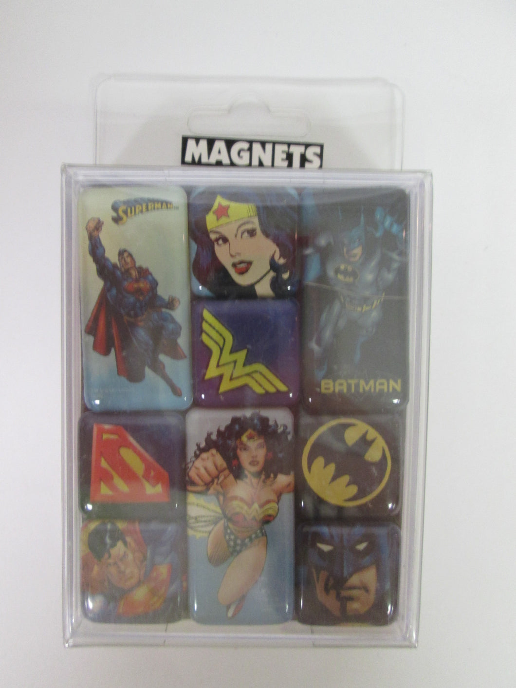 DC Super-Heroes Nine Piece Magnet Set includes Superman, Batman and Wonder Woman