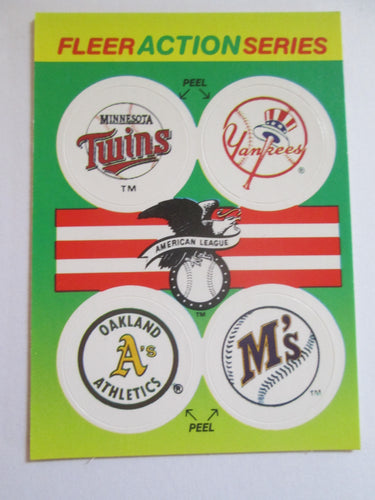 Fleer Action Series Set of 4 Club Stickers - Twins, Yankees, Athletics, M's 1990