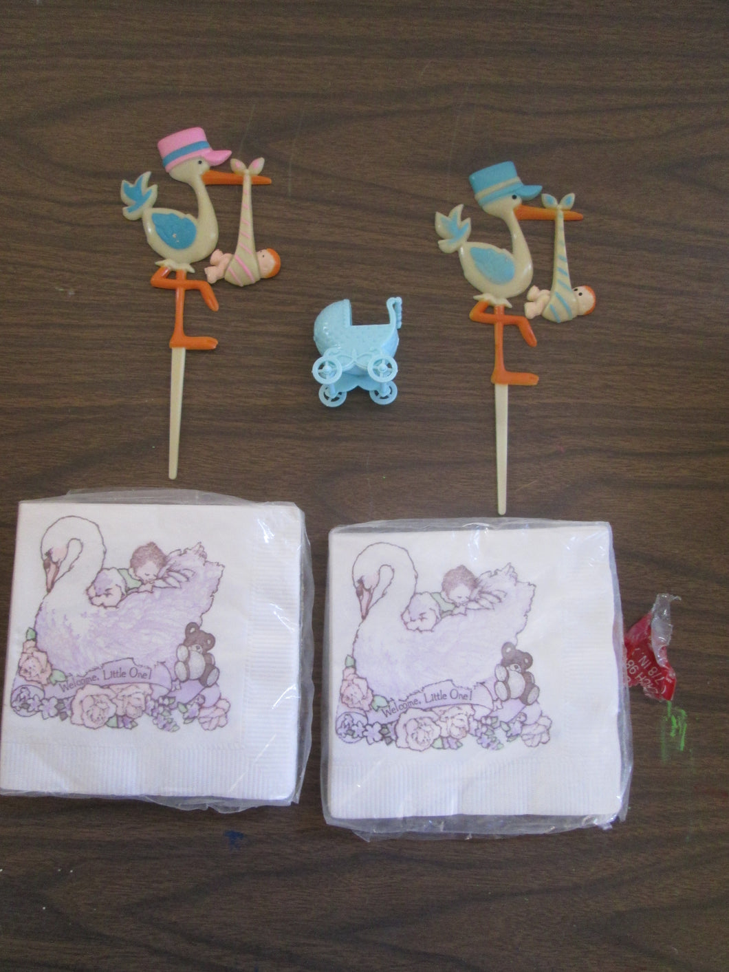 American Greetings beverage napkins from 1980s with Boy & Girl stock toppers and boy buggy