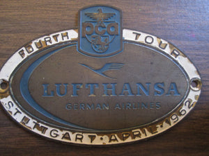 Lufthansa German Airlines Fourth Tour Stuttgart April 1962 Brass Plate PCA