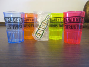 Smirnoff Twist Set of 4 different colored Plastic Shot Glasses and Plastic Pin