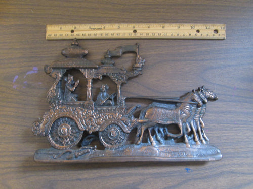 Bronze Indian Horse Drawn Carriage with 2 Figures and stand in back